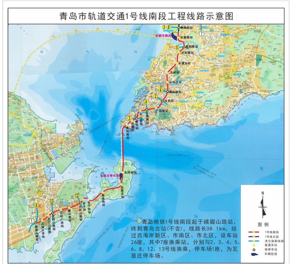 地铁1号线南段线路长度约38公里,自王家港站(峨眉山路站)起至青岛北站